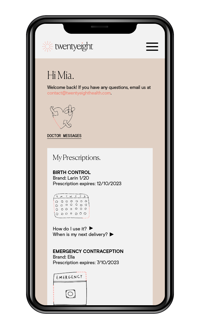 A phone with the Twentyeight app on the screen displaying a user's health information such as a list of prescriptions